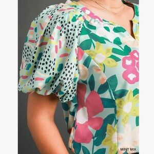 Umgee -Belize Mixed Print Bubble Sleeve Top - Boho Chic Statement - Medium - NWT